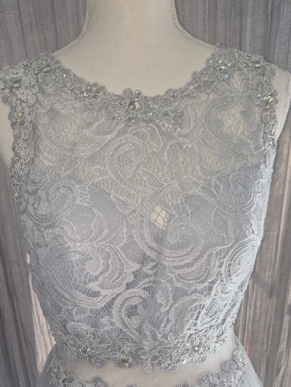 May Queen Silver Lace Strapless Evening Dress
